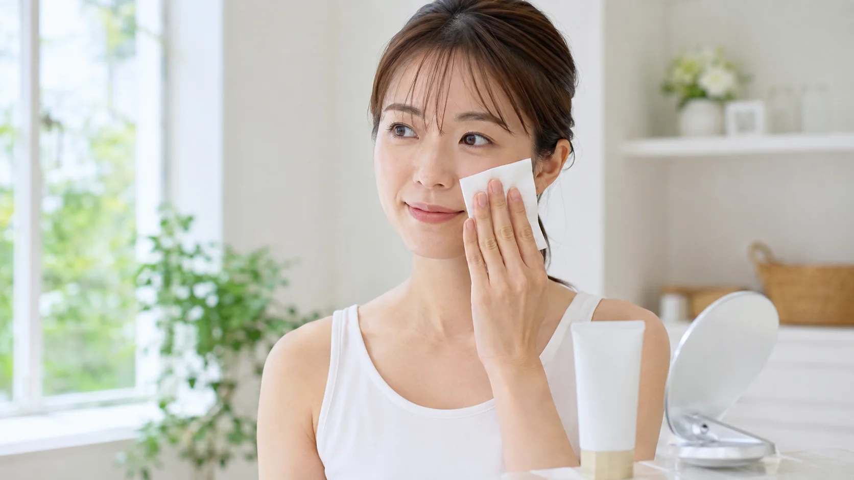 日焼け止めをティッシュで優しく押さえる女性