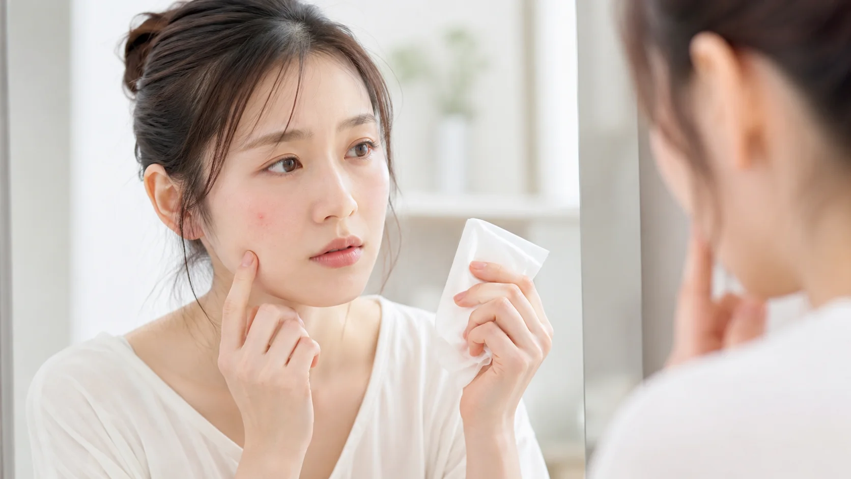 ティッシュオフによる肌への刺激を確認する女性